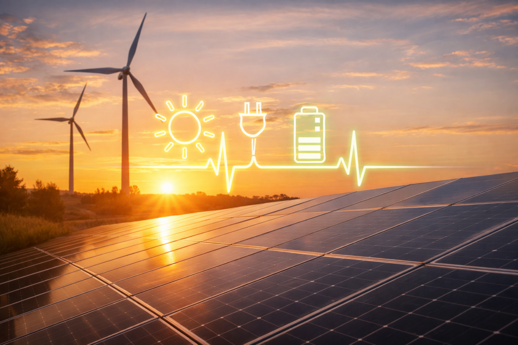 Photovoltaik-Anlage bei Sonnenuntergang erzeugt sauberen Sonnenstrom als zentrale Säule der Energiewende – erneuerbare Energie für nachhaltige Stromversorgung von sunuse