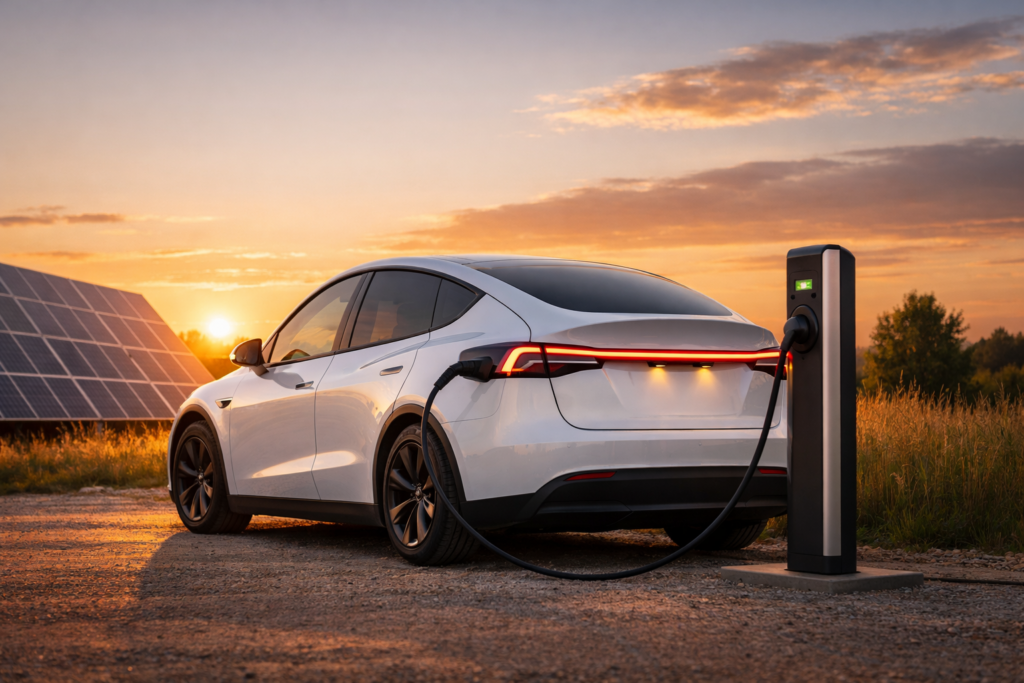 Modernes weißes Elektroauto im Stil eines Tesla Model Y mit durchgehender Rücklicht-Lichtleiste lädt an einer freistehenden Wallbox bei Sonnenuntergang, im Hintergrund eine Photovoltaik-Anlage.